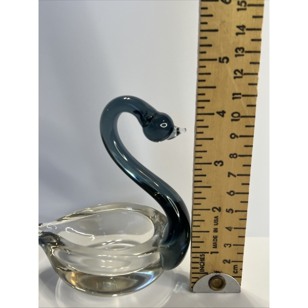 Swan Hand Blown Art Glass Jewelry Dish Smoky Blue Murano Style Trinket Bowl Vtg - Picture 8 of 12